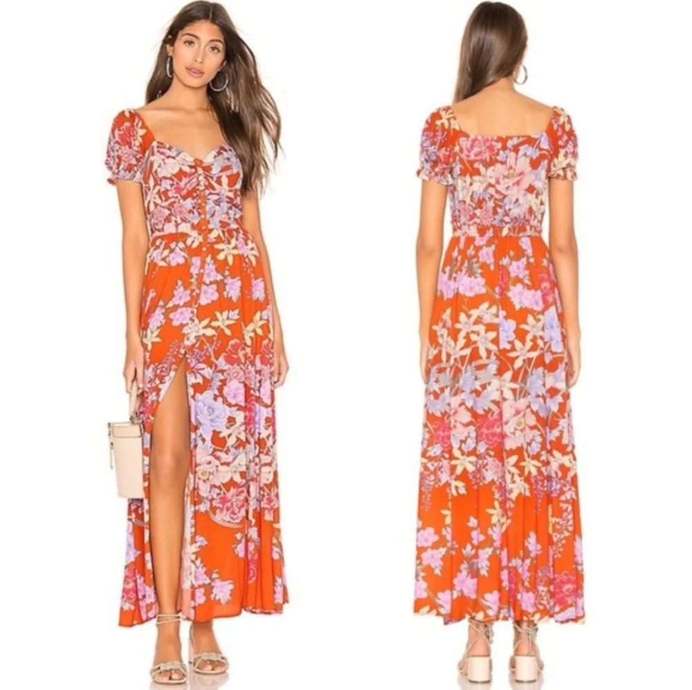 New Spell x Revolve Lily Gown Red Floral M Maxi Dress Ruched Designs Exclusive